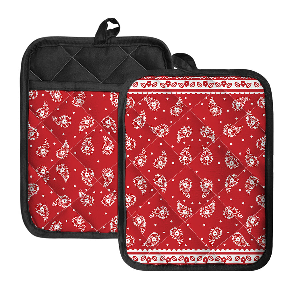 Red And White Paisley Bandana Print Pot Holders With Pocket