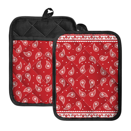 Red And White Paisley Bandana Print Pot Holders With Pocket