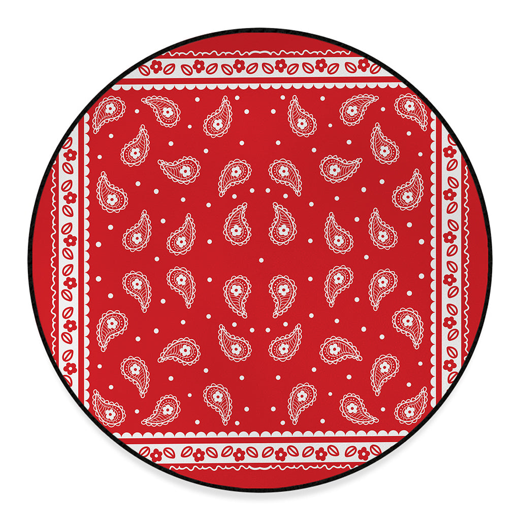 Red And White Paisley Bandana Print Round Floor Mat
