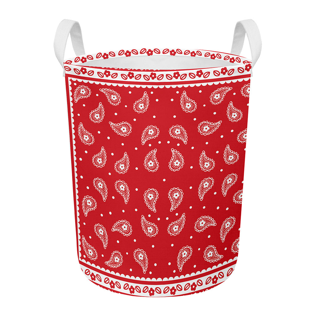 Red And White Paisley Bandana Print Round Laundry Basket
