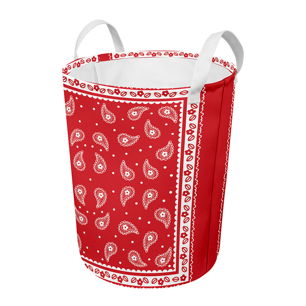 Red And White Paisley Bandana Print Round Laundry Basket