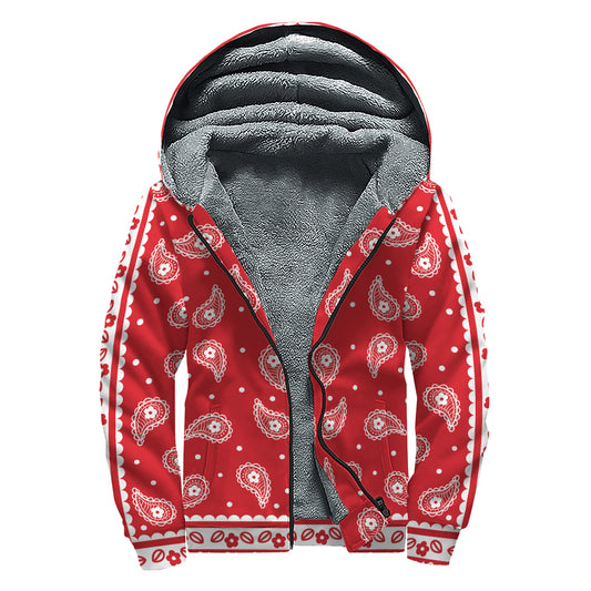 Red And White Paisley Bandana Print Sherpa Lined Zip Up Hoodie