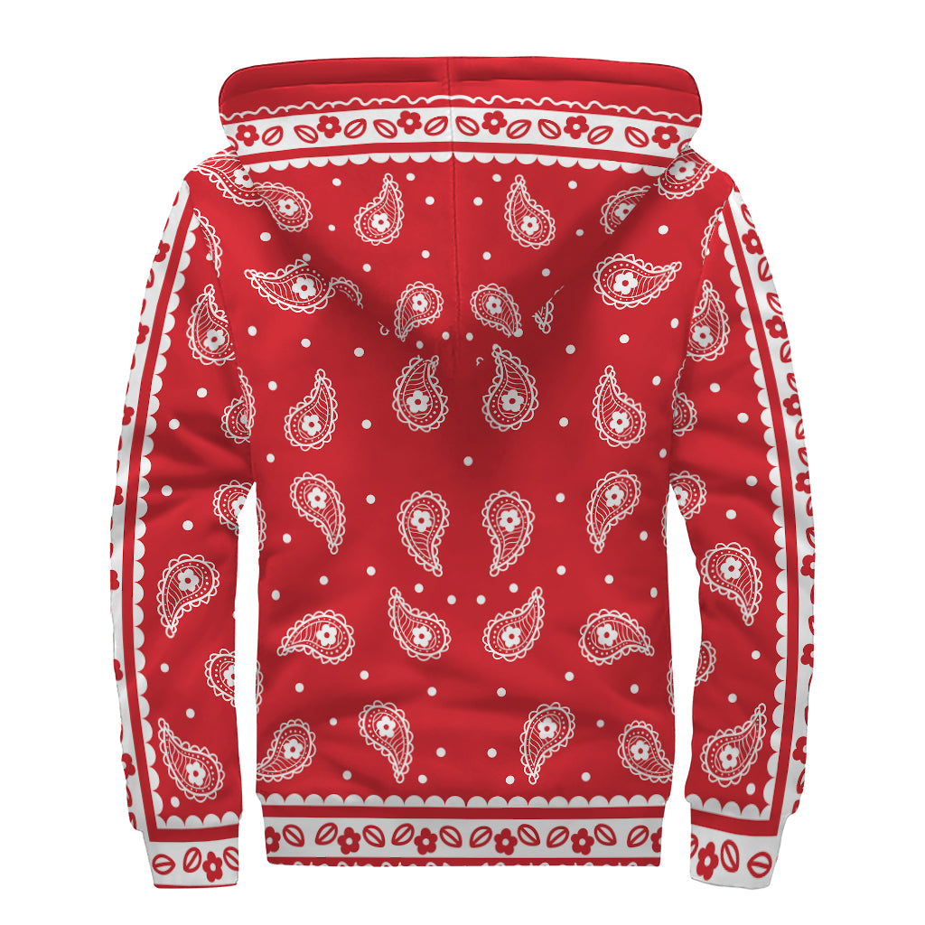 Red And White Paisley Bandana Print Sherpa Lined Zip Up Hoodie
