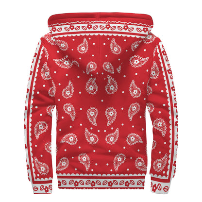 Red And White Paisley Bandana Print Sherpa Lined Zip Up Hoodie