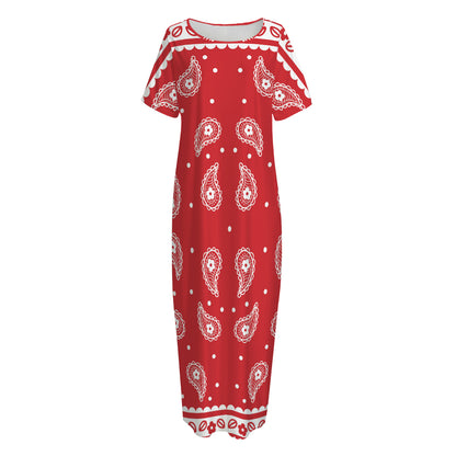 Red And White Paisley Bandana Print Short Sleeve Long Nightdress