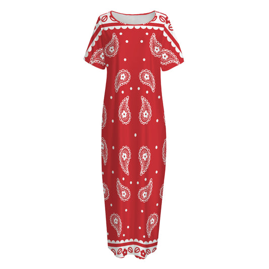 Red And White Paisley Bandana Print Short Sleeve Long Nightdress