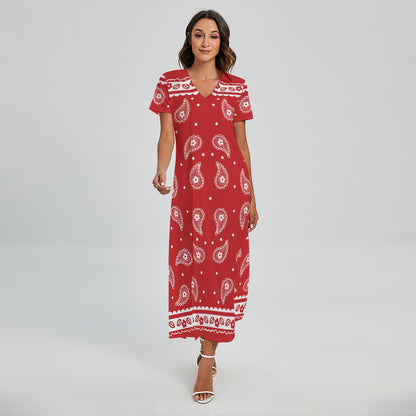 Red And White Paisley Bandana Print Short Sleeve Maxi Dress