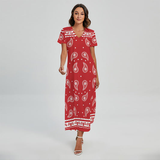 Red And White Paisley Bandana Print Short Sleeve Maxi Dress