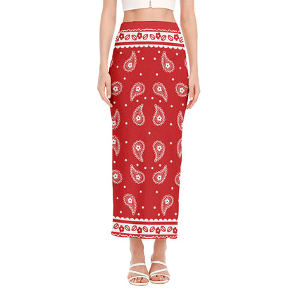 Red And White Paisley Bandana Print Side Slit Maxi Skirt