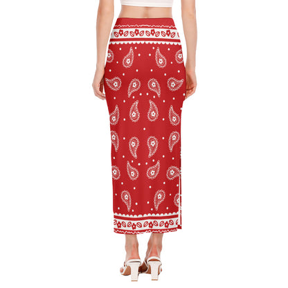 Red And White Paisley Bandana Print Side Slit Maxi Skirt