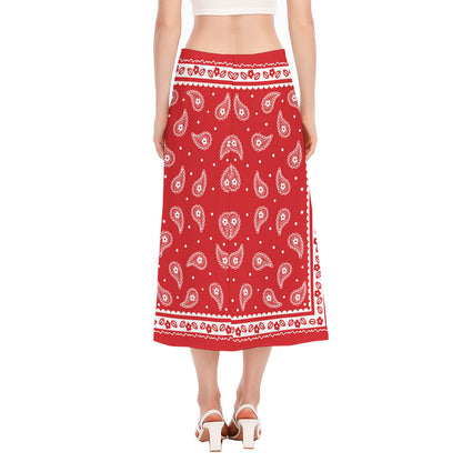 Red And White Paisley Bandana Print Side Slit Midi Skirt