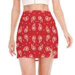 Red And White Paisley Bandana Print Side Slit Mini Skirt