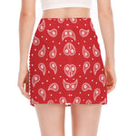 Red And White Paisley Bandana Print Side Slit Mini Skirt