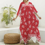 Red And White Paisley Bandana Print Silk V-Neck Kaftan Dress