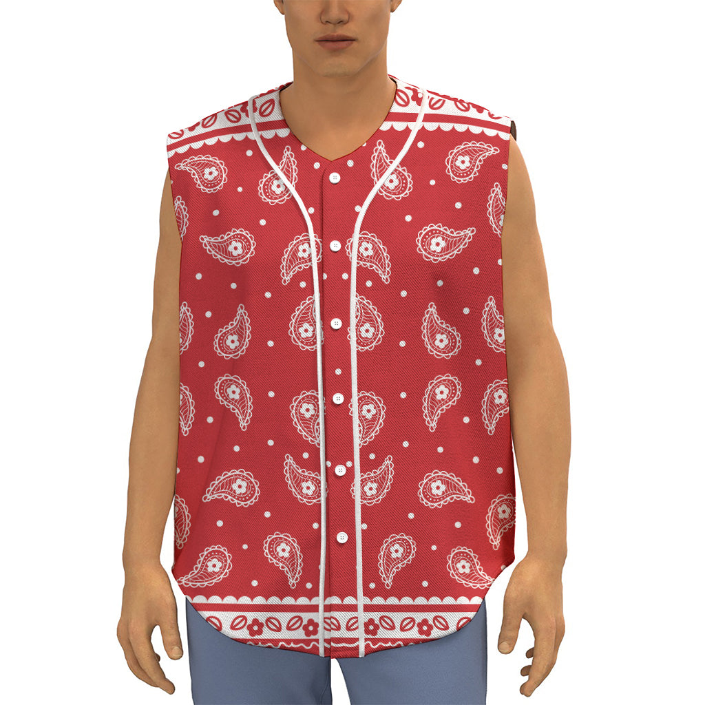 Red And White Paisley Bandana Print Sleeveless Baseball Jersey