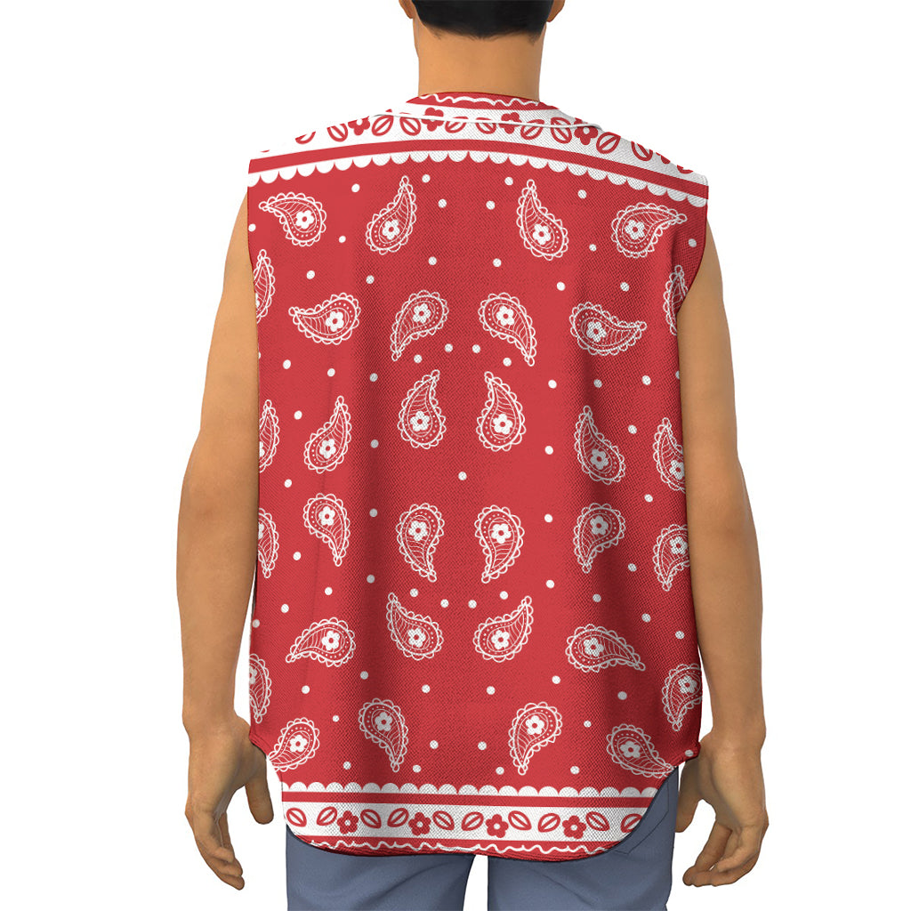 Red And White Paisley Bandana Print Sleeveless Baseball Jersey