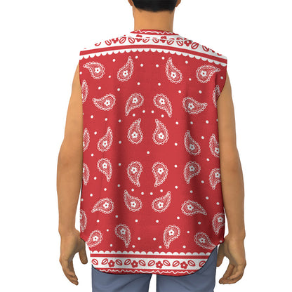 Red And White Paisley Bandana Print Sleeveless Baseball Jersey