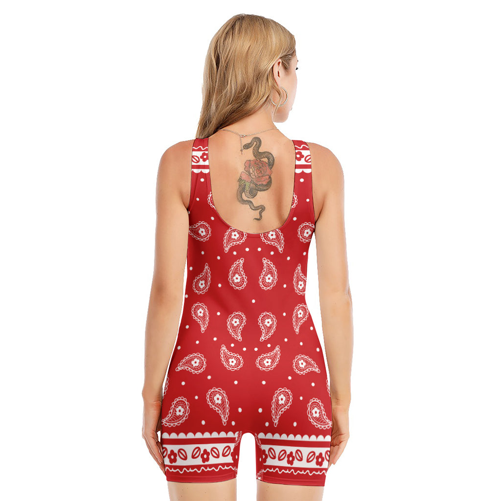 Red And White Paisley Bandana Print Sleeveless One Piece Swimsuit
