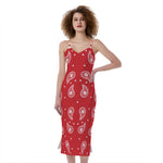 Red And White Paisley Bandana Print Slim Fit Midi Cami Dress