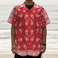 Red And White Paisley Bandana Print Textured Short Sleeve Shirt