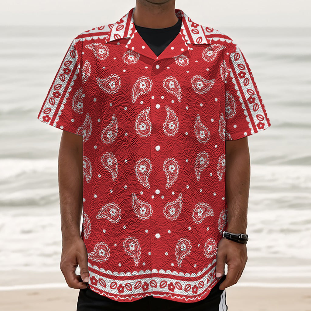 Red And White Paisley Bandana Print Textured Short Sleeve Shirt