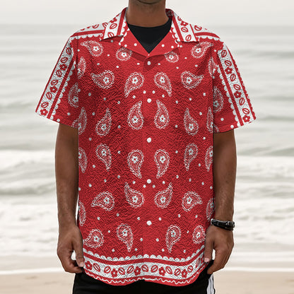 Red And White Paisley Bandana Print Textured Short Sleeve Shirt