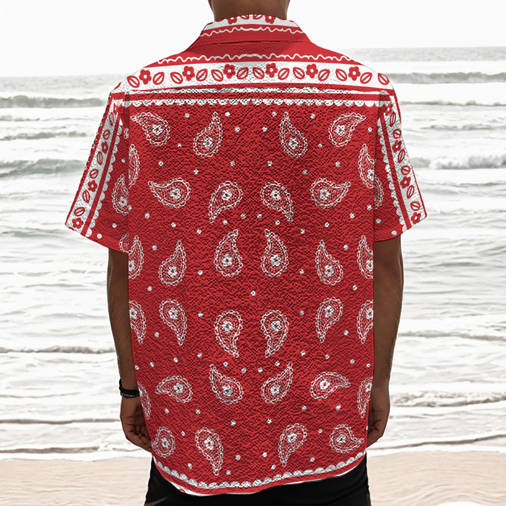 Red And White Paisley Bandana Print Textured Short Sleeve Shirt