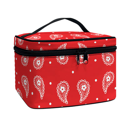 Red And White Paisley Bandana Print Travel Makeup Bag