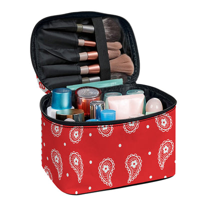Red And White Paisley Bandana Print Travel Makeup Bag