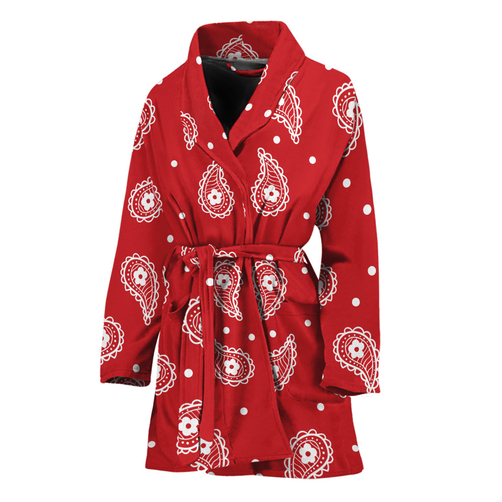 Red And White Paisley Bandana Print Women's Bathrobe