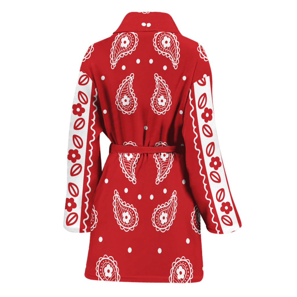 Red And White Paisley Bandana Print Women's Bathrobe