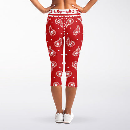 Red And White Paisley Bandana Print Women's Capri Leggings