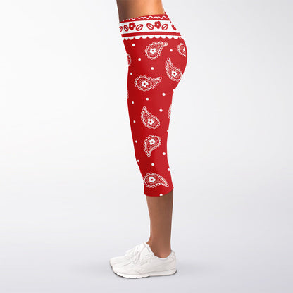 Red And White Paisley Bandana Print Women's Capri Leggings