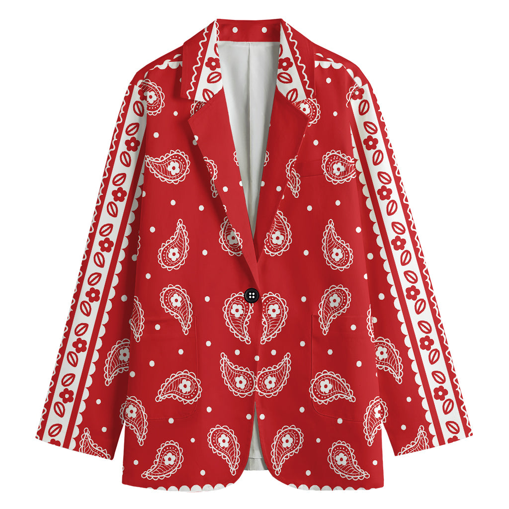 Red And White Paisley Bandana Print Women's Cotton Blazer