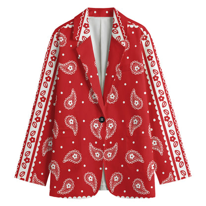 Red And White Paisley Bandana Print Women's Cotton Blazer