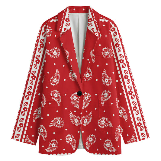 Red And White Paisley Bandana Print Women's Cotton Blazer