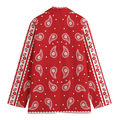 Red And White Paisley Bandana Print Women's Cotton Blazer