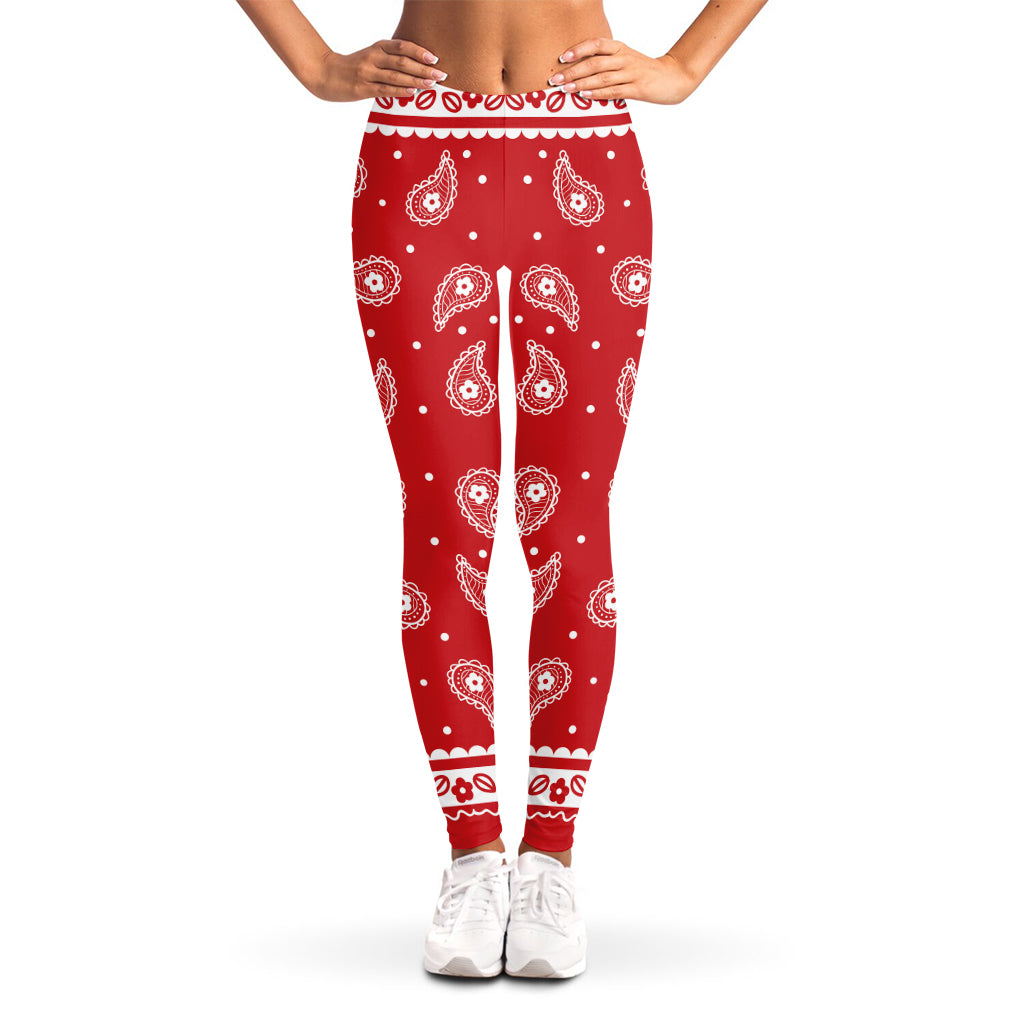 Red And White Paisley Bandana Print Women's Leggings