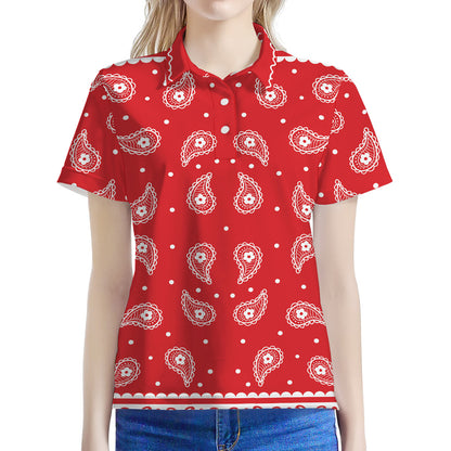Red And White Paisley Bandana Print Women's Polo Shirt