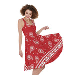 Red And White Paisley Bandana Print Women's Sleeveless Dress