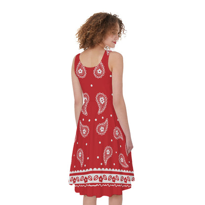 Red And White Paisley Bandana Print Women's Sleeveless Dress