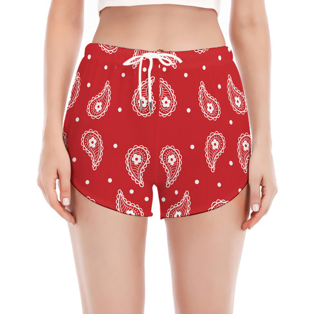 Red And White Paisley Bandana Print Women's Split Running Shorts