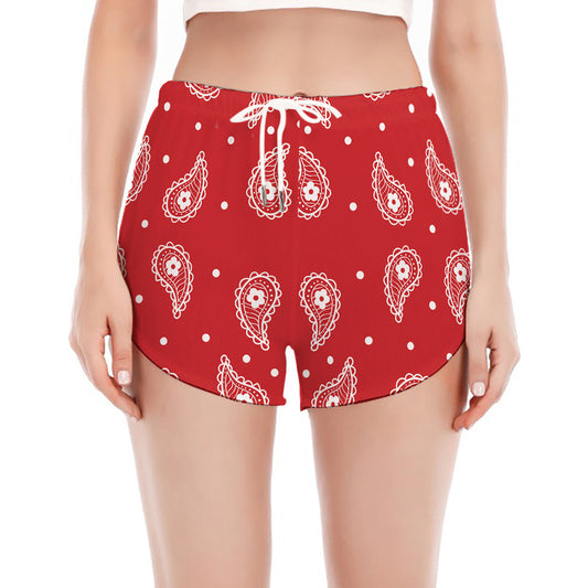Red And White Paisley Bandana Print Women's Split Running Shorts