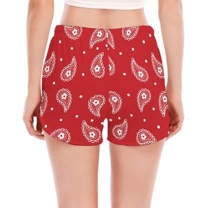 Red And White Paisley Bandana Print Women's Split Running Shorts