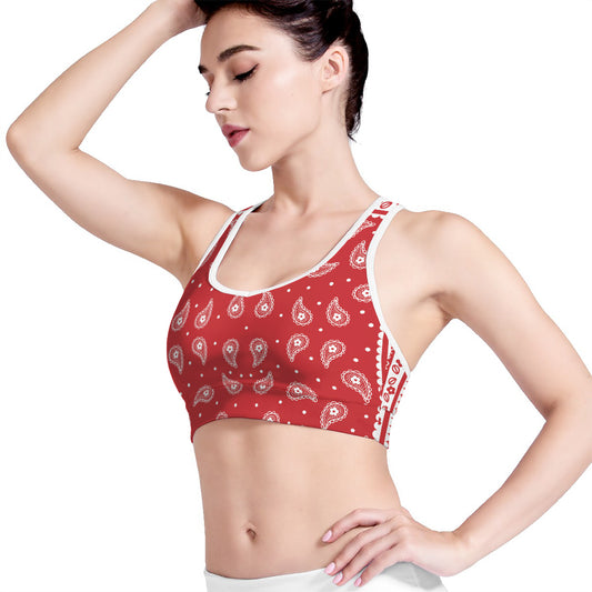 Red And White Paisley Bandana Print Women's Sports Bra