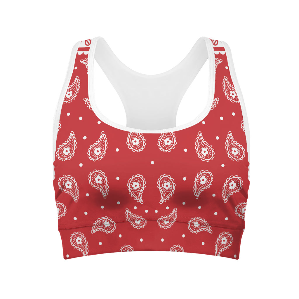 Red And White Paisley Bandana Print Women's Sports Bra