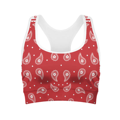 Red And White Paisley Bandana Print Women's Sports Bra