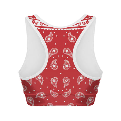 Red And White Paisley Bandana Print Women's Sports Bra