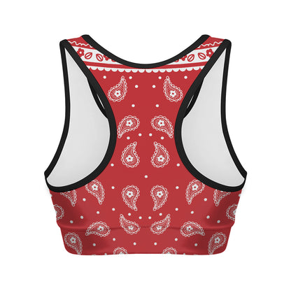 Red And White Paisley Bandana Print Women's Sports Bra