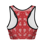 Red And White Paisley Bandana Print Women's Sports Bra